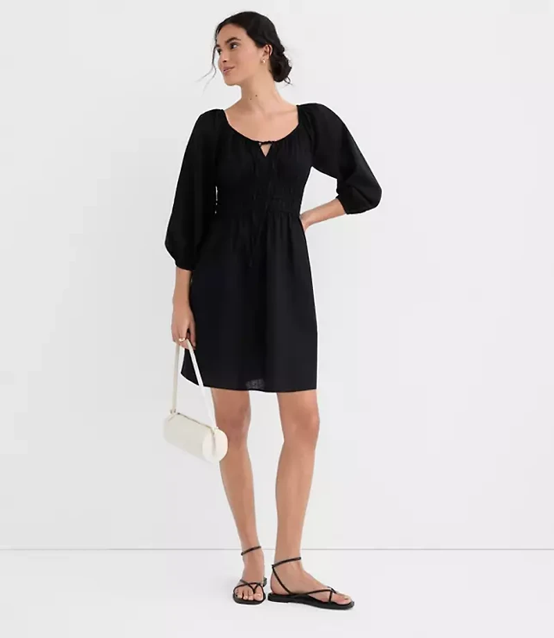 Petite Linen Cotton Smocked Mini Dress