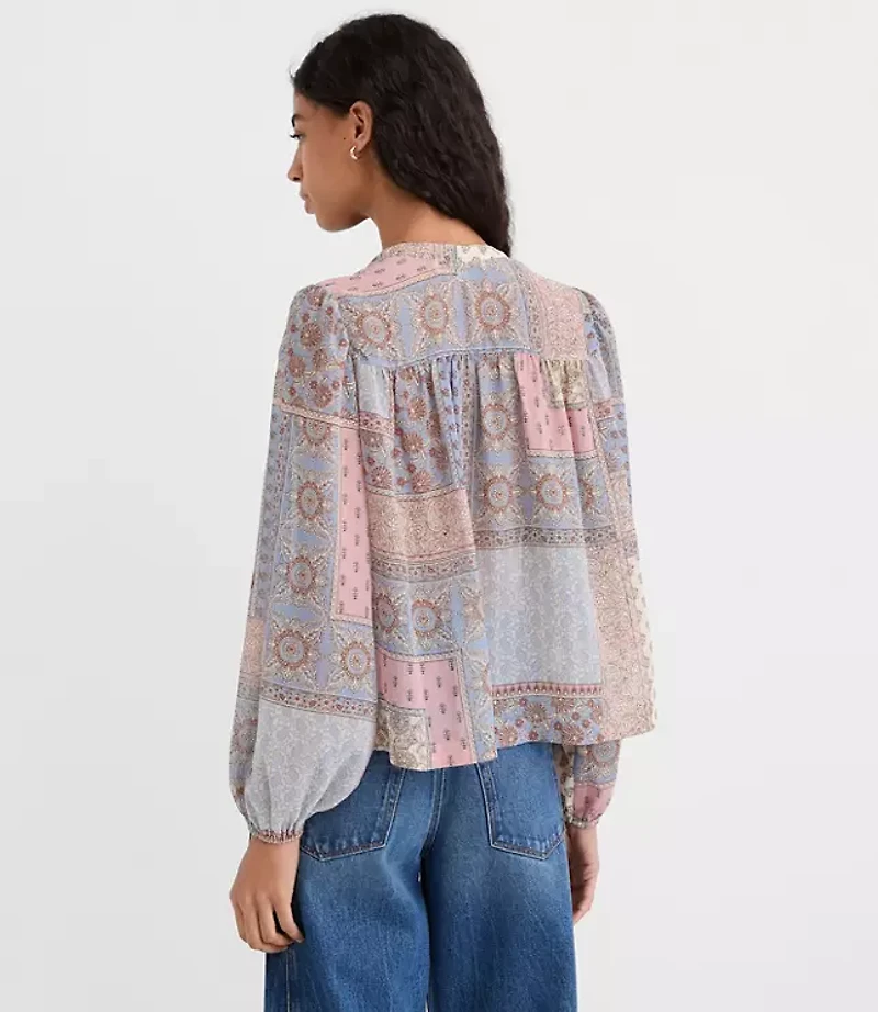 Petite Patchwork Split Neck Blouse