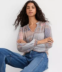Petite Patchwork Split Neck Blouse