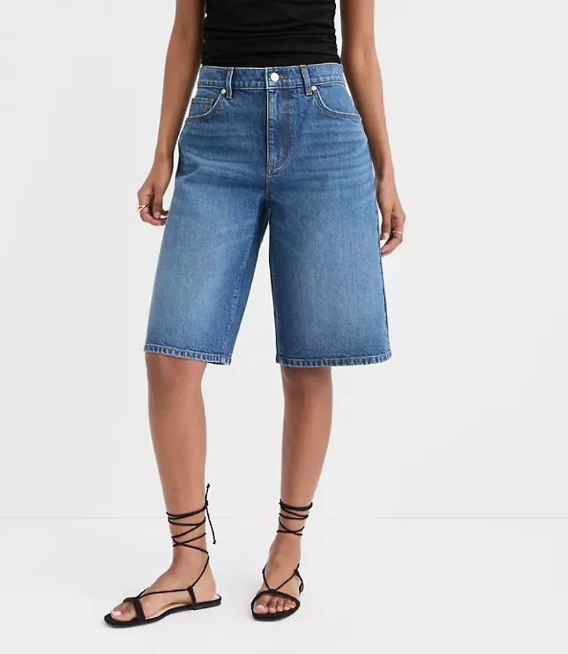 Rivete Petite High Rise Denim Bermuda Shorts in Dark Wash