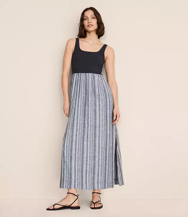 Lou & Grey Striped Square Neck Mixed Media Maxi Pocket Dress