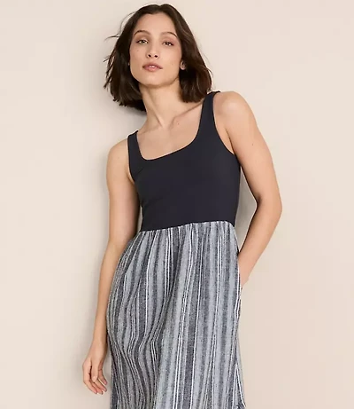 Lou & Grey Striped Square Neck Mixed Media Maxi Pocket Dress