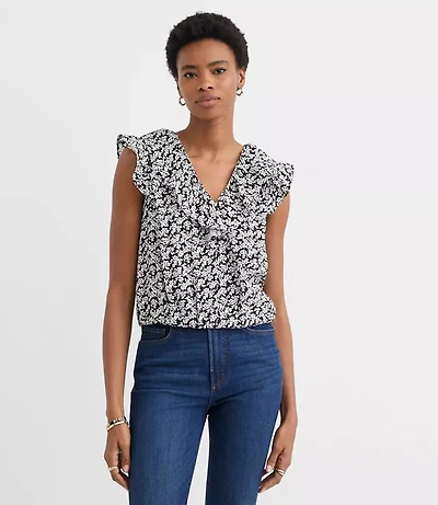 Petite Floral Ruffle V-Neck Top