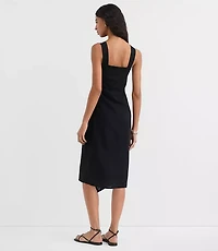 Petite Ruched Linen Cotton Square Neck Midi Dress