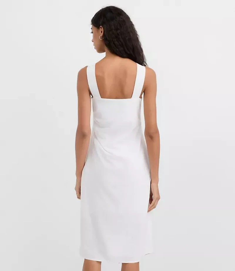 Petite Ruched Linen Cotton Square Neck Midi Dress