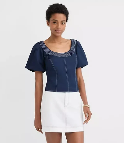 Petite Topstitched Poplin Balloon Sleeve Top