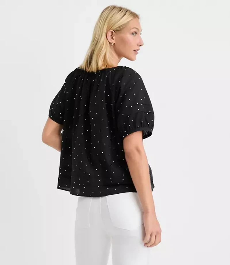 Dotted Pintucked Puff Sleeve Blouse