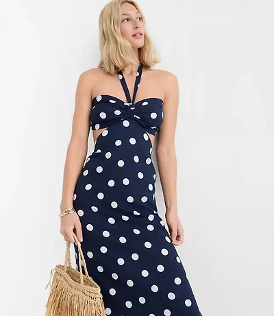 LOFT Beach Polka Dot Linen Cotton Cutout Halter Maxi Dress