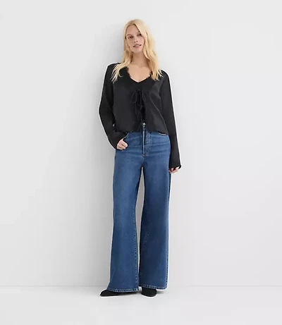 Rivete Short High Rise Relaxed Wide Leg Jeans Mid Wash