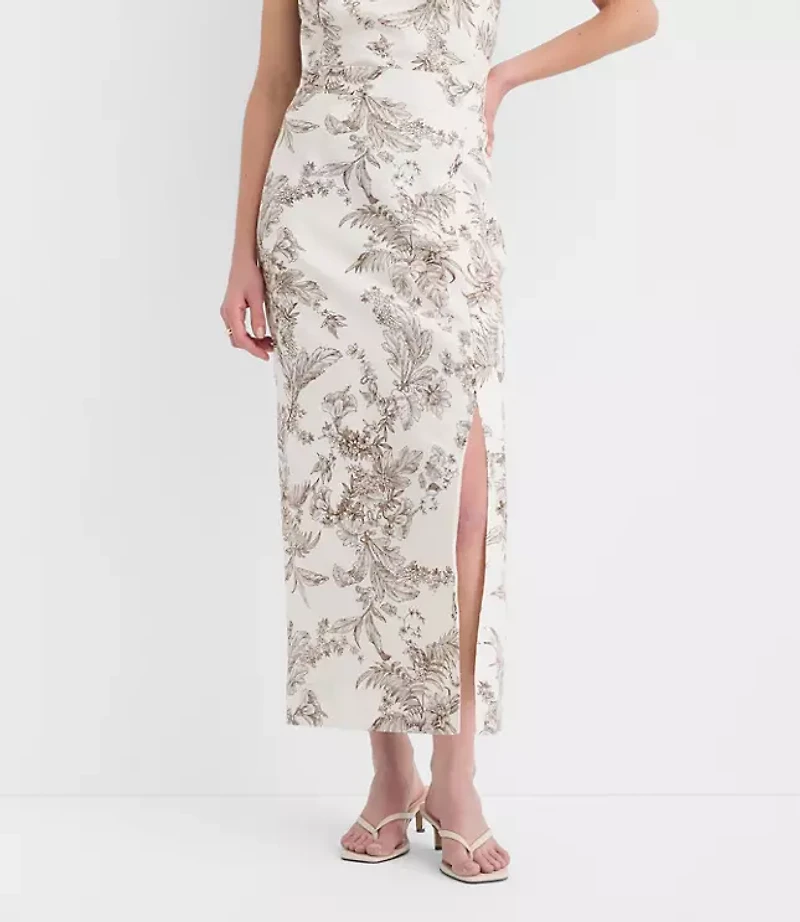 Petite Floral Toile Linen Cotton Column Midi Skirt