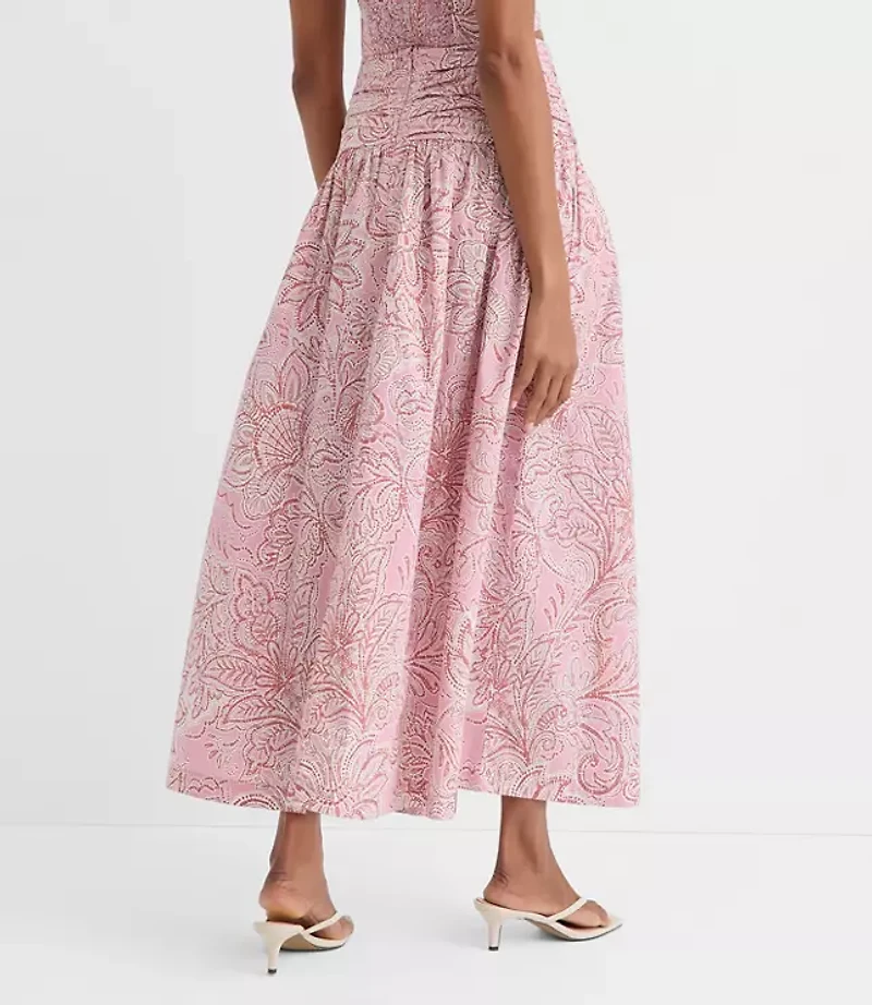 Floral Ruched Poplin Midi Skirt