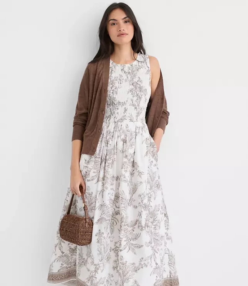 Petite Floral Toile Smocked Midi Pocket Dress