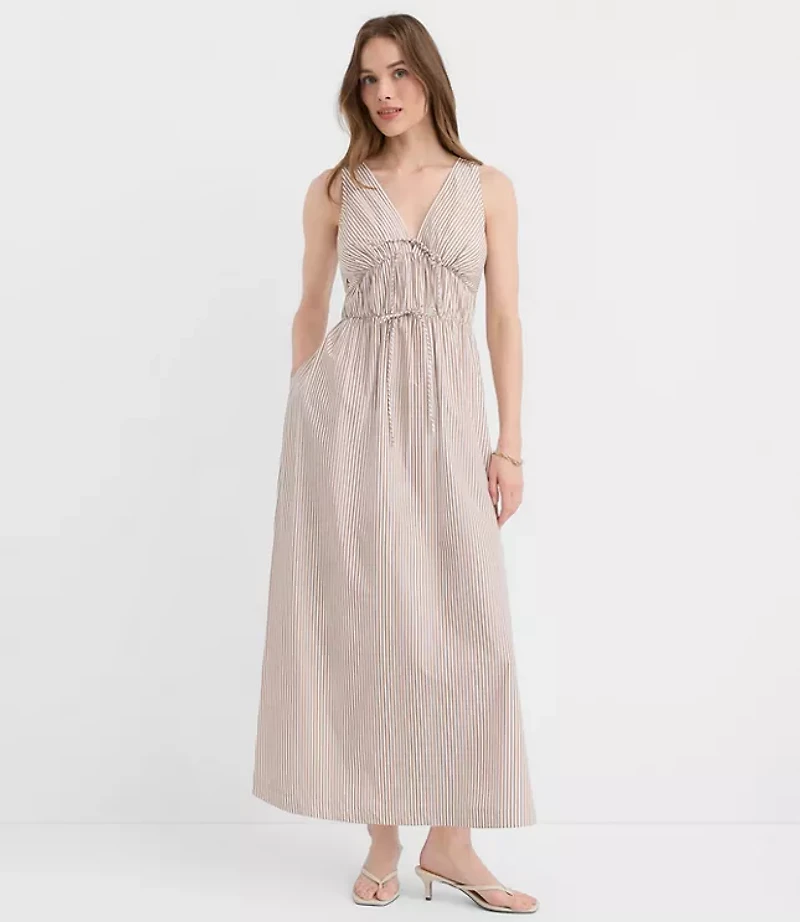 Petite Striped Bow Poplin Midi Pocket Dress