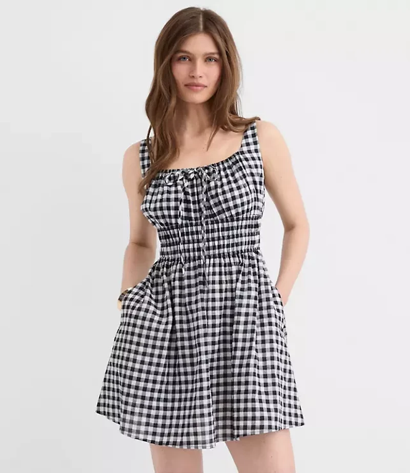 Petite Gingham Smocked Mini Pocket Dress