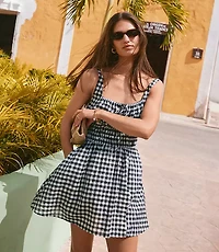 Petite Gingham Smocked Mini Pocket Dress