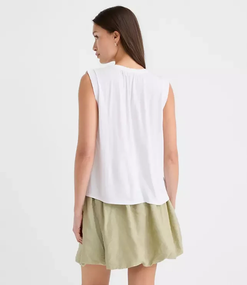 Petite Pleated Yoke Mixed Media Shell