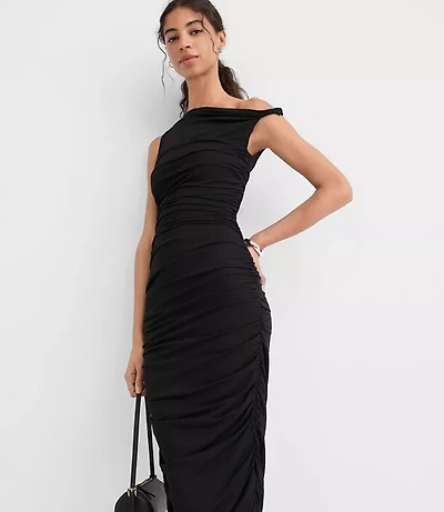 Petite Mesh Ruched One Shoulder Midi Dress