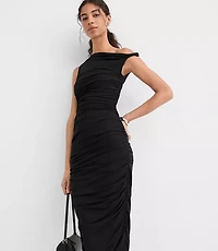 Petite Mesh Ruched One Shoulder Midi Dress