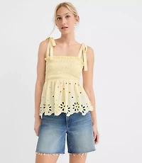 Petite Floral Eyelet Tie Strap Smocked Peplum Cami