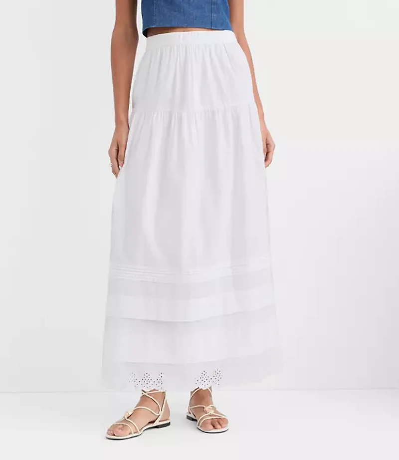 Petite Scalloped Eyelet Pintucked Maxi Skirt