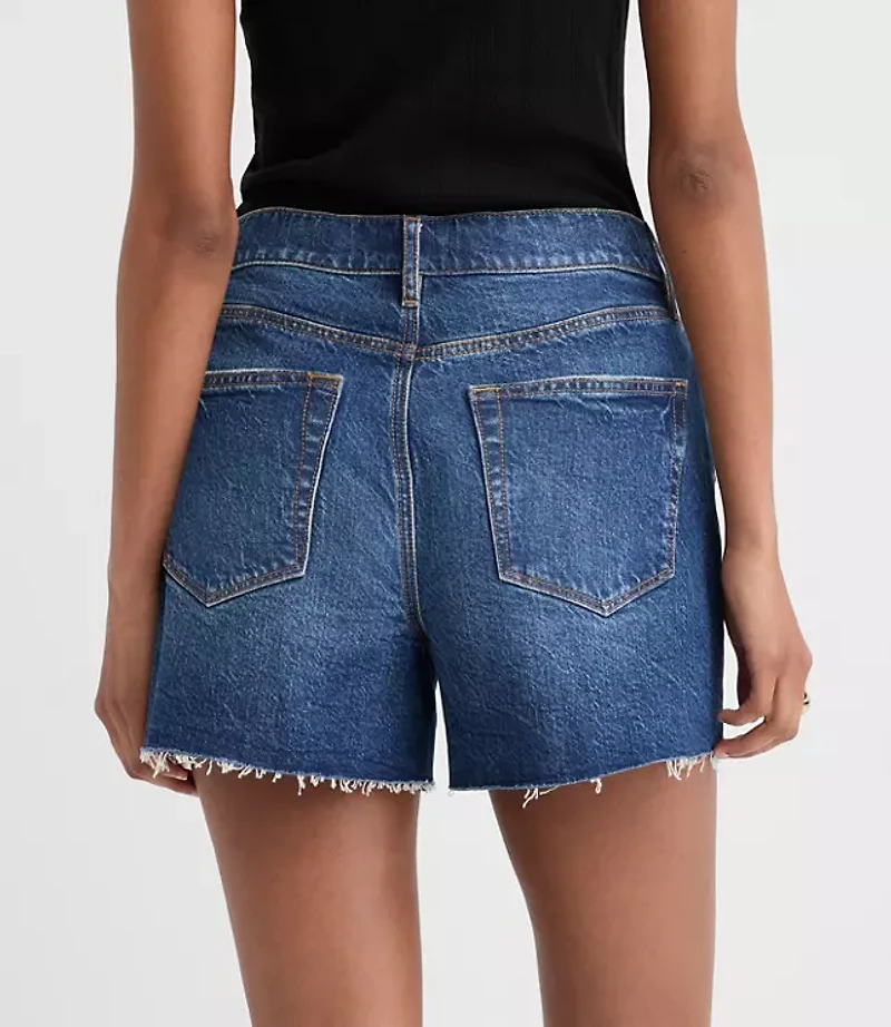 Rivete Curvy Destructed High Rise Cut Off Denim Shorts Dark Wash