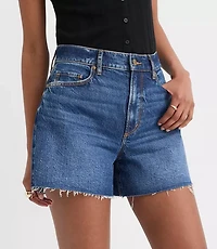 Rivete Curvy Destructed High Rise Cut Off Denim Shorts Dark Wash