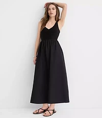 Petite Ruched Mixed Media Midi Pocket Dress