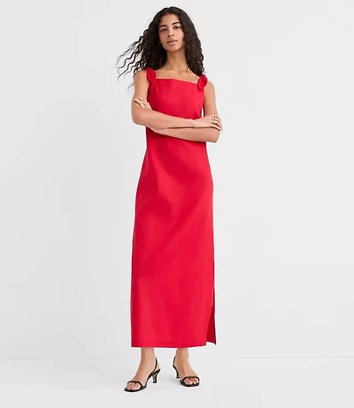 Petite Linen Cotton Tie Boatneck Midi Dress