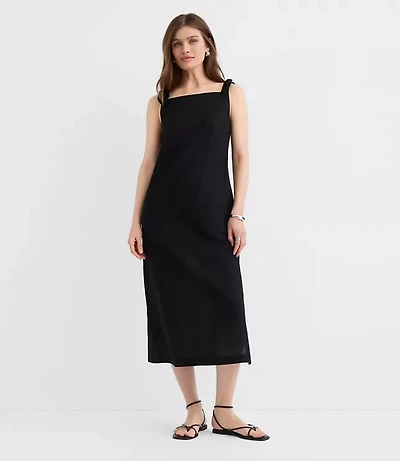 Petite Linen Cotton Tie Boatneck Midi Dress