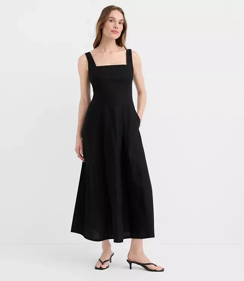 Petite Linen Cotton Seamed Midi Pocket Dress