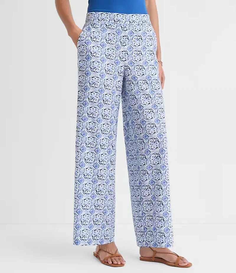 Petite Pull On Wide Leg Pants Mosaic Linen Cotton