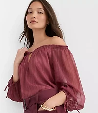 Petite Striped Tie Cuff Off The Shoulder Blouse