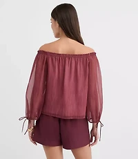 Petite Striped Tie Cuff Off The Shoulder Blouse