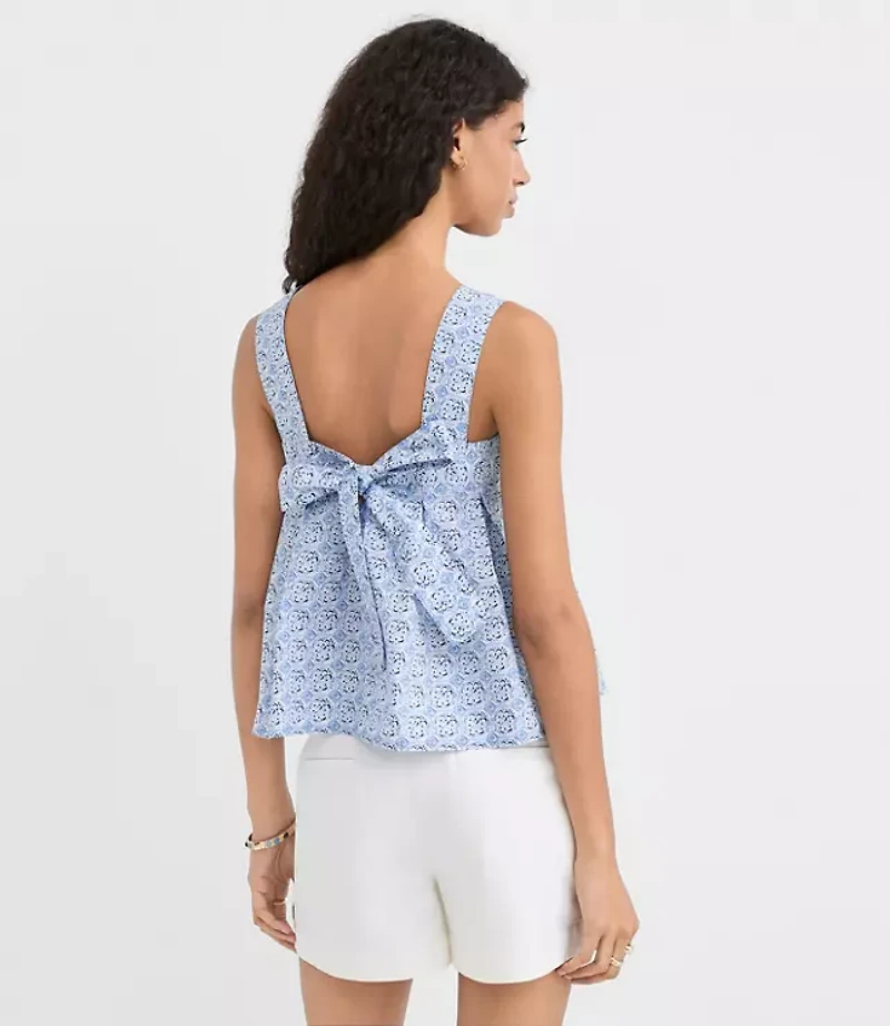 Petite Mosaic Poplin Tie Back Pleated Tank Top