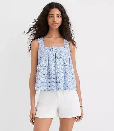 Petite Mosaic Poplin Tie Back Pleated Tank Top
