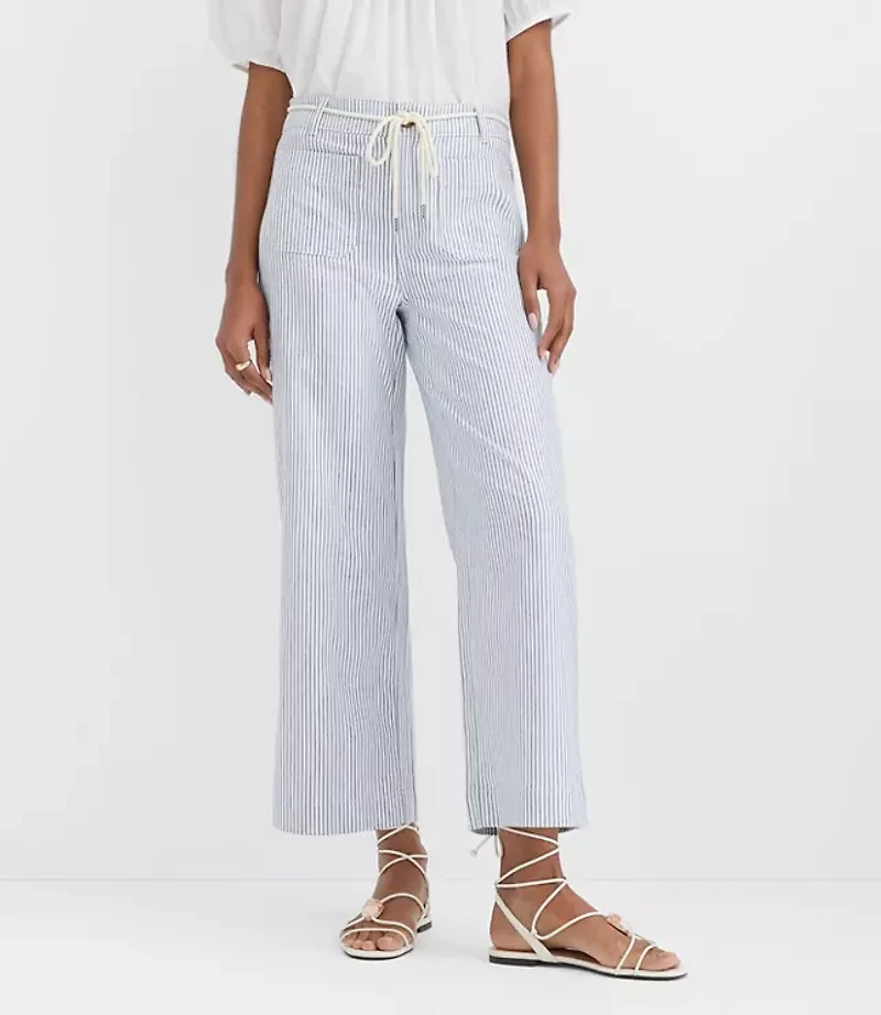 Petite Belted Palmer Wide Leg Crop Pants Striped Twill