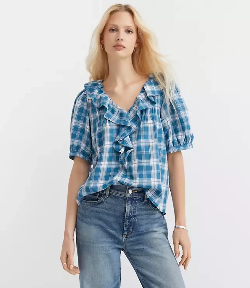 Plaid Pintucked Ruffle Blouse