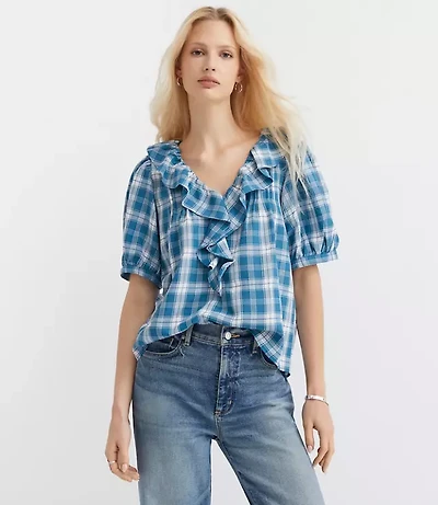 Plaid Pintucked Ruffle Blouse