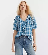 Plaid Pintucked Ruffle Blouse