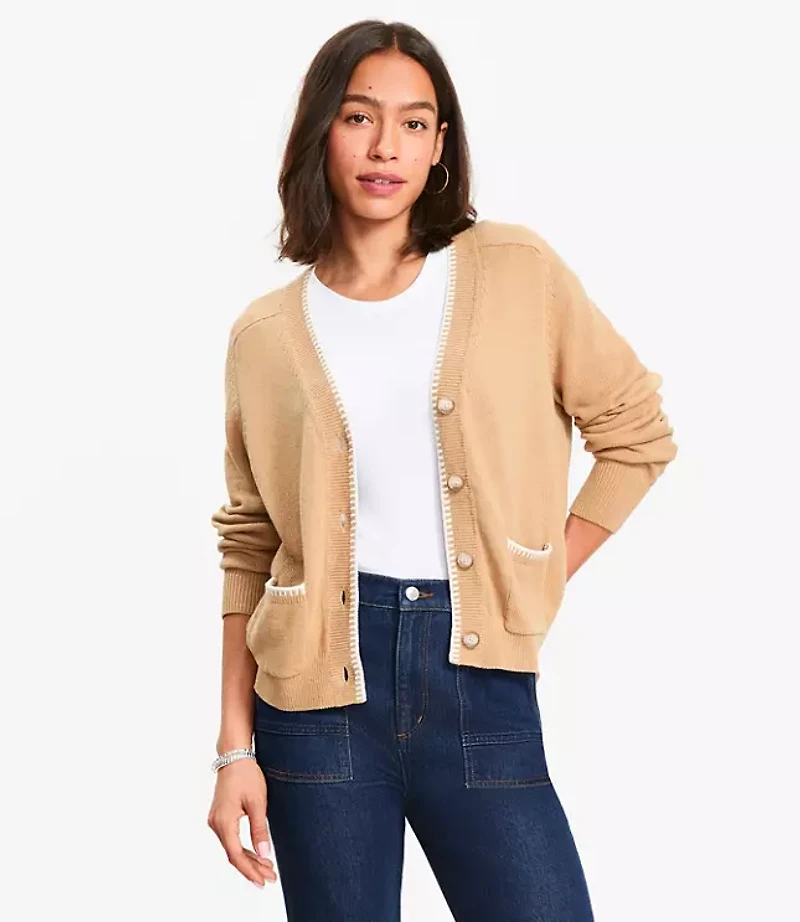 Tipped V-Neck Pocket Cardigan