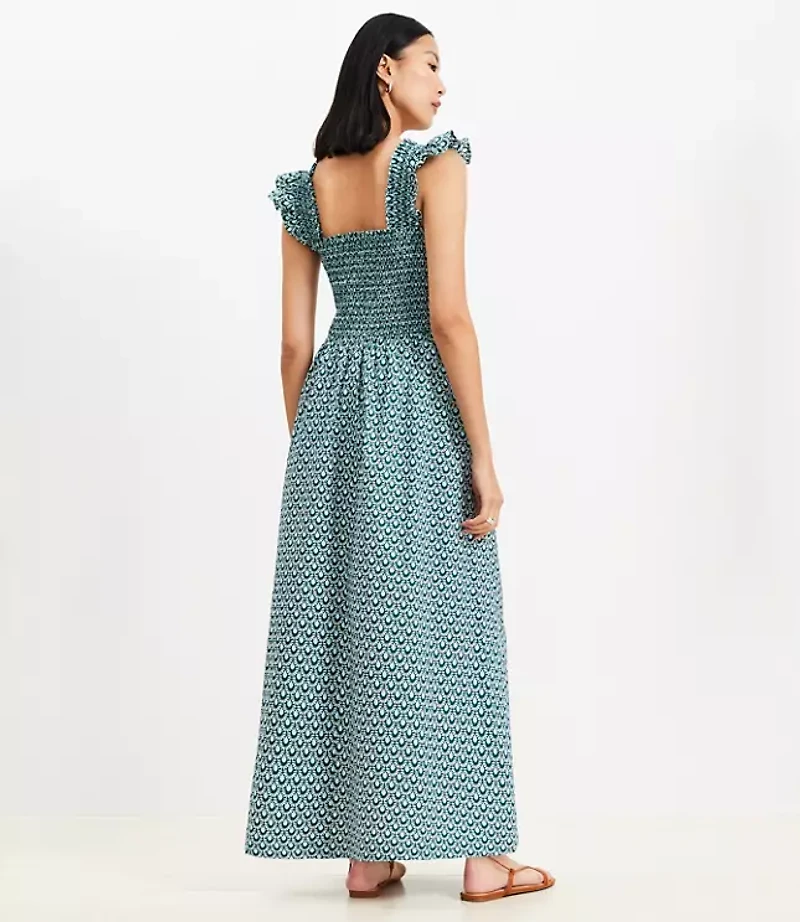 Petite LOFT Beach Mosaic Poplin Ruffle Strap Maxi Pocket Dress