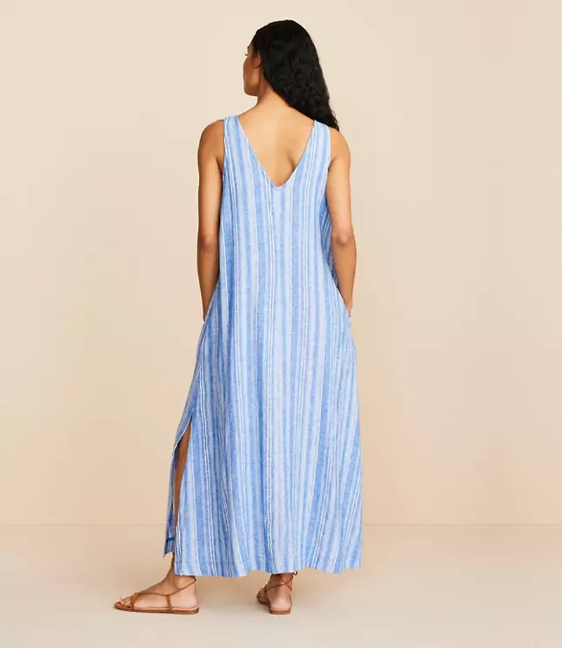 Petite Lou & Grey Striped Linen Cotton Tie Keyhole Maxi Pocket Dress