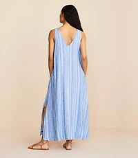 Petite Lou & Grey Striped Linen Cotton Tie Keyhole Maxi Pocket Dress