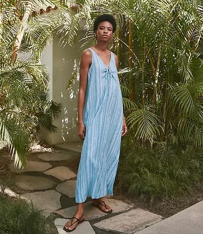 Petite Lou & Grey Striped Linen Cotton Tie Keyhole Maxi Pocket Dress