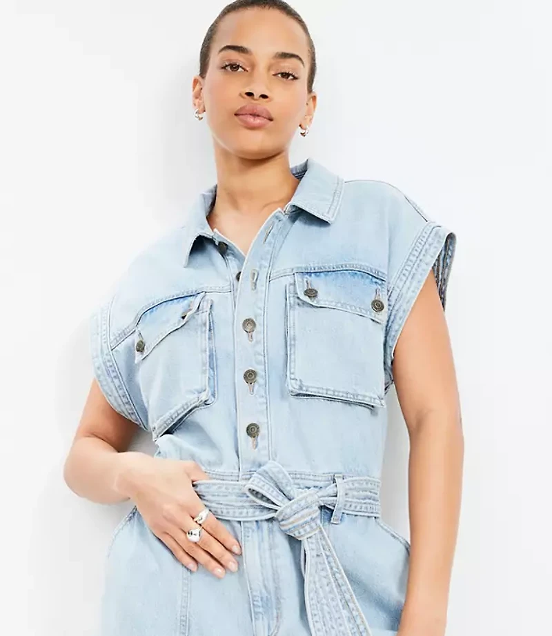 Petite Denim Utility Romper Light Wash
