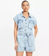 Petite Denim Utility Romper Light Wash