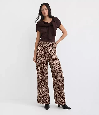 Belted Fluid Pull On Wide Leg Pants Leopard Print