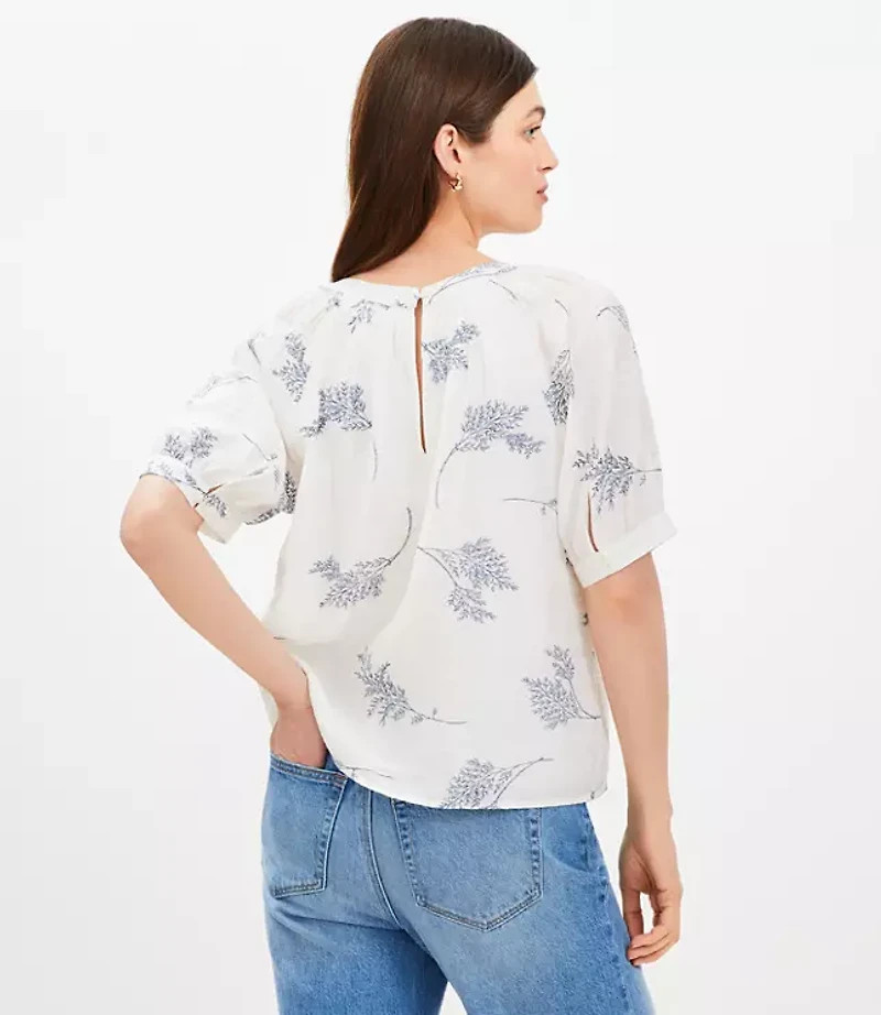 Petite Leafed Smocked Yoke Bubble Sleeve Blouse