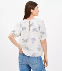 Petite Leafed Smocked Yoke Bubble Sleeve Blouse