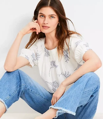 Petite Leafed Smocked Yoke Bubble Sleeve Blouse